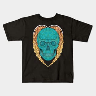 Skull head design turquoise and sapphire wing heart. Kids T-Shirt